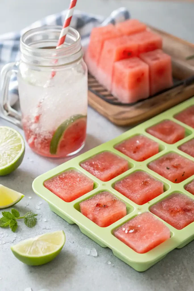 Frozen watermelon limeade cubes for storage