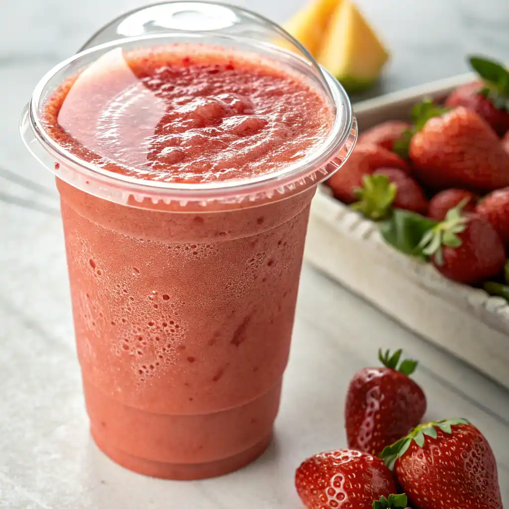 Hailey Bieber Smoothie in clear cup on marble