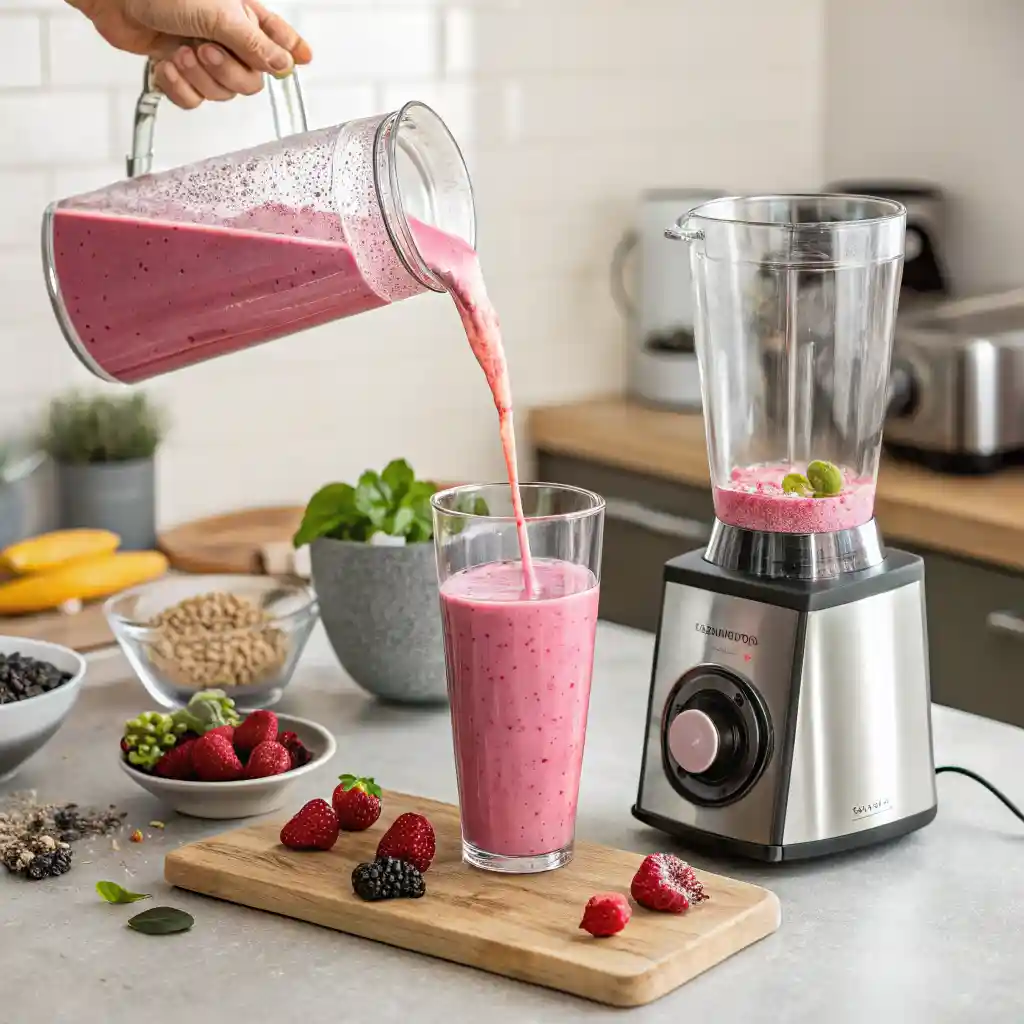 Woman making Hailey Bieber smoothie at home