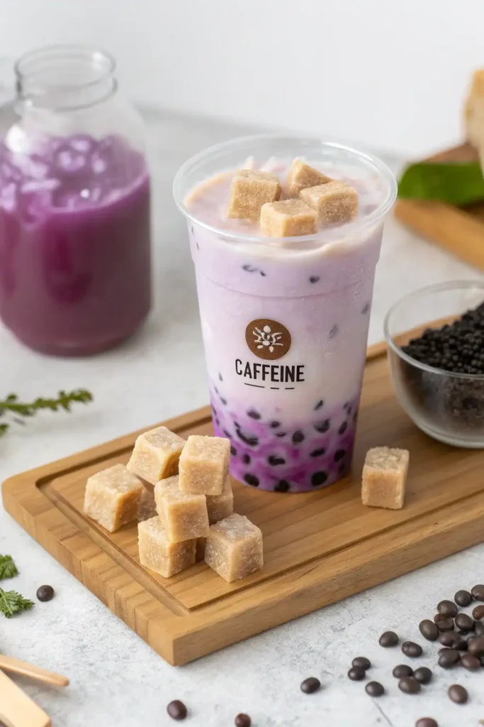 Taro milk tea with sugar and caffeine details