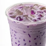 Taro milk tea with tapioca pearls in plastic cup