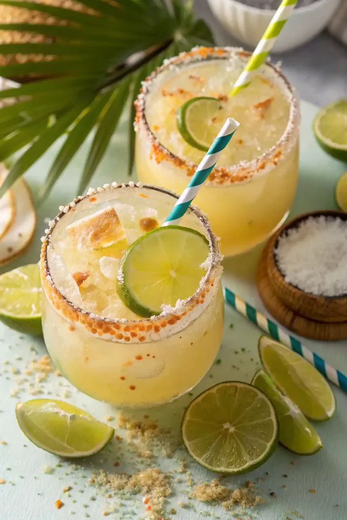 tropical cocktail with lime and coconut garnish