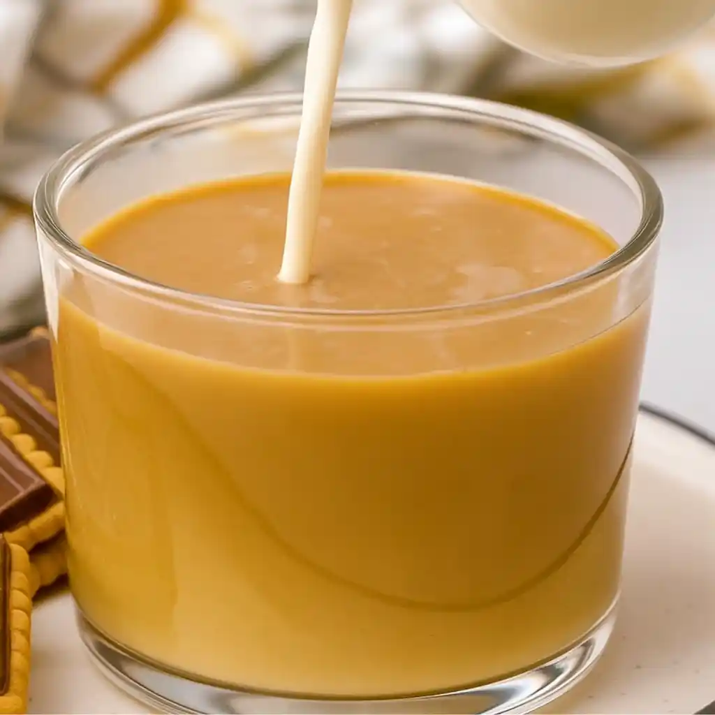 homemade coffee creamer in a mason jar on wooden countertop