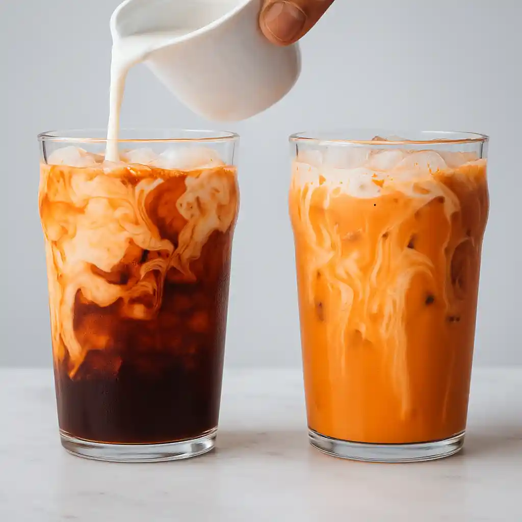 Iced glass of authentic thai tea tea with creamy swirls