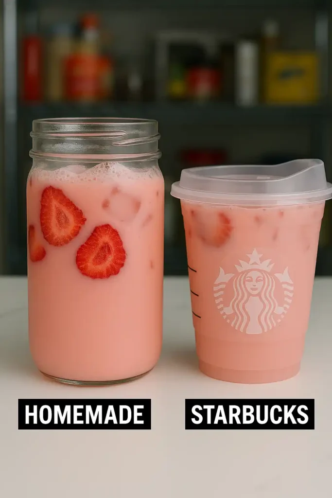 better-than-starbucks pink drink in a glass with strawberries and ice