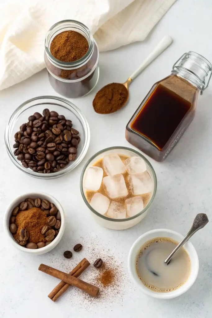 Ingredients for making cinnamon iced latte