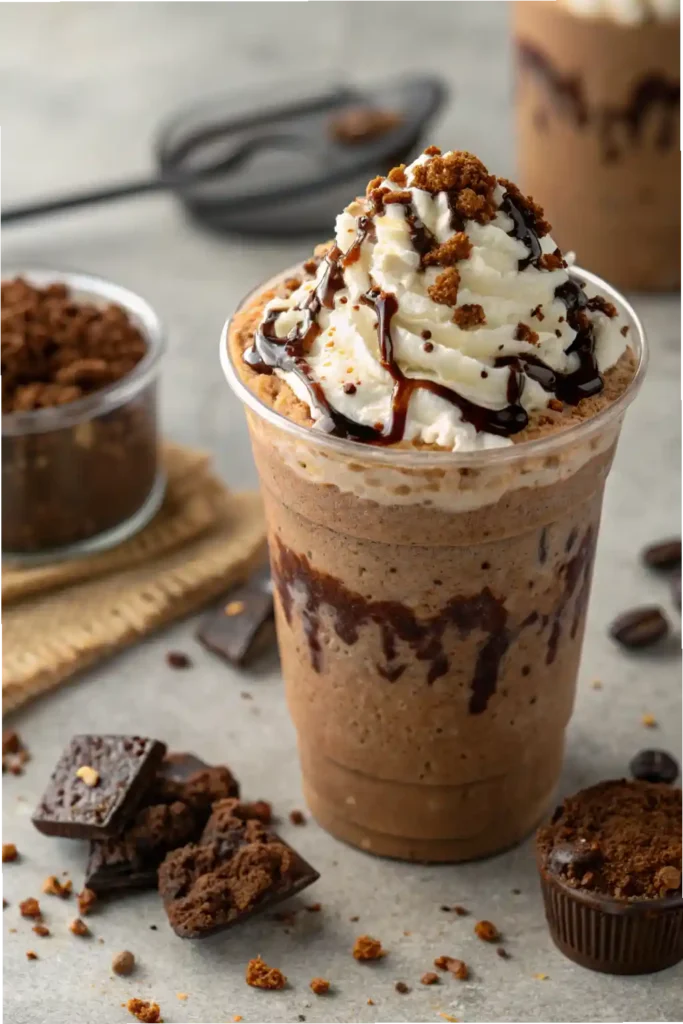 homemade mocha cookie crumble frappuccino with whipped cream and cookie topping