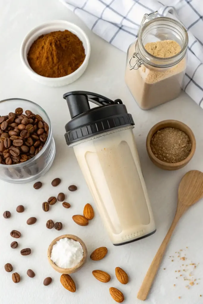 protein iced coffee ingredients and shaker bottle