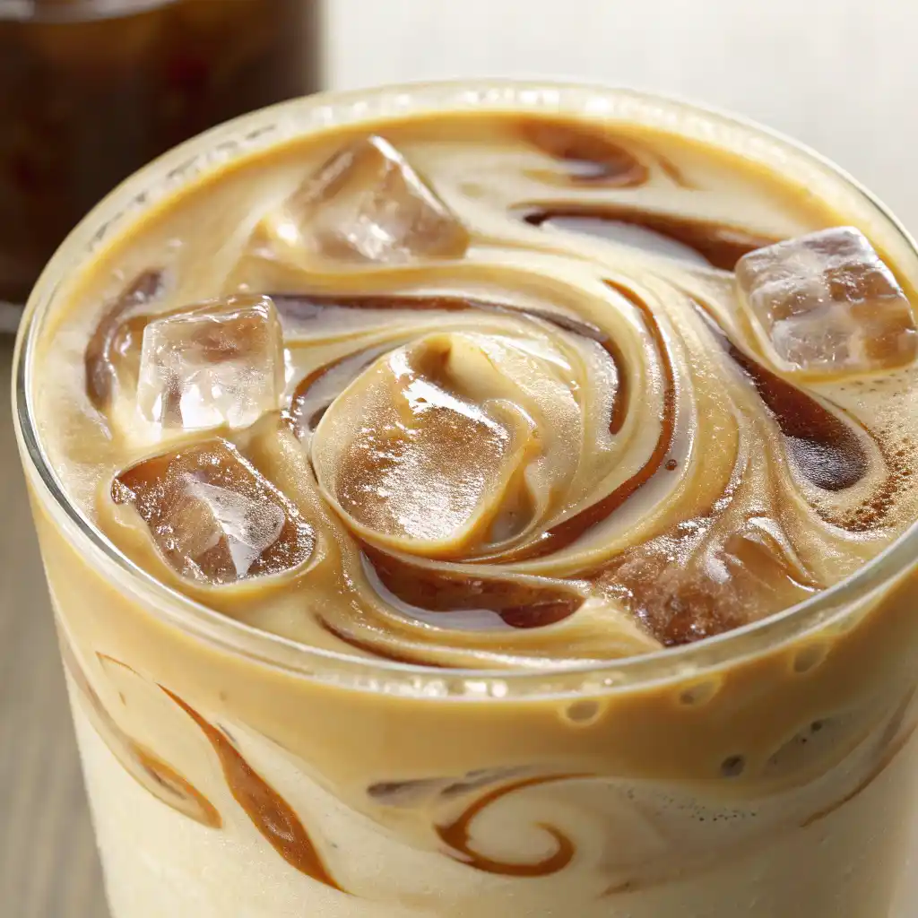 protein iced coffee in a clear glass with ice and foam